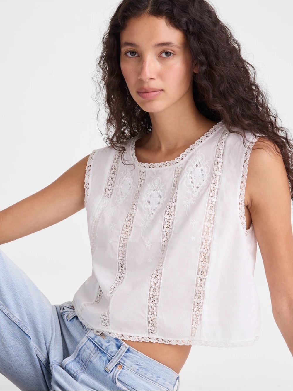 Madewell Alana White Embroidered Lace-Insert Top Sz XXS NWT $88